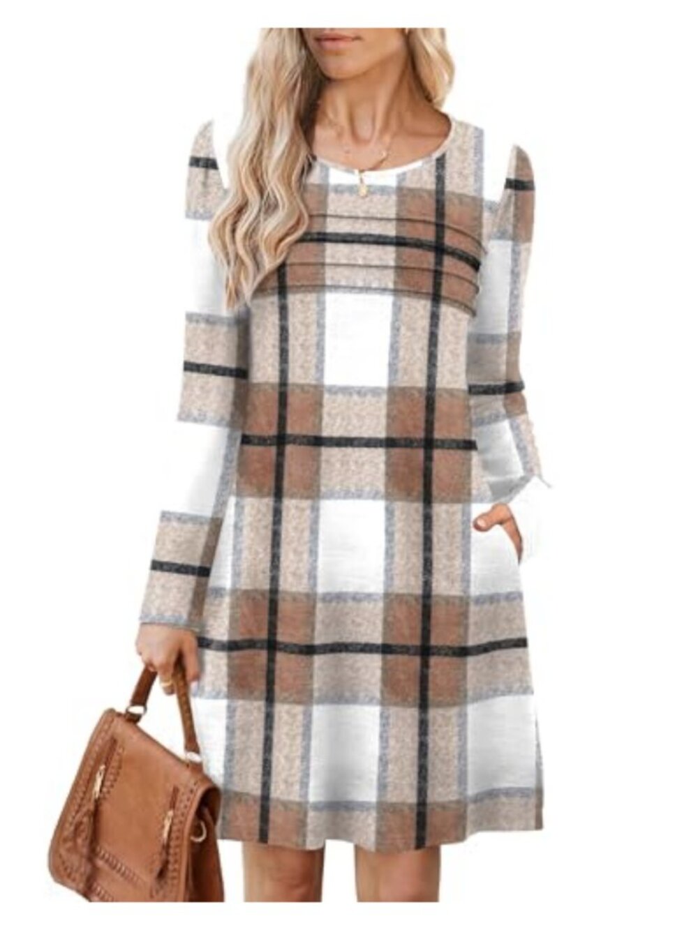 Long Sleeve Tunic Sweater Dress with Pockets Pleated Front Casual